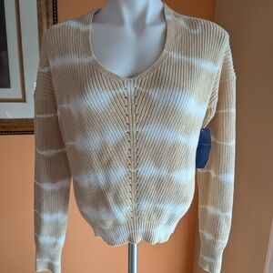 New Freshman Tan and White V-Neck Knit Sweater Size S Tie dye